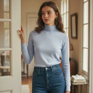 Vintage 90s soft baby blue cotton turtleneck sweater